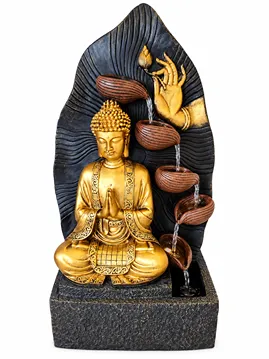 Outdoor water feature gold buddha meditating